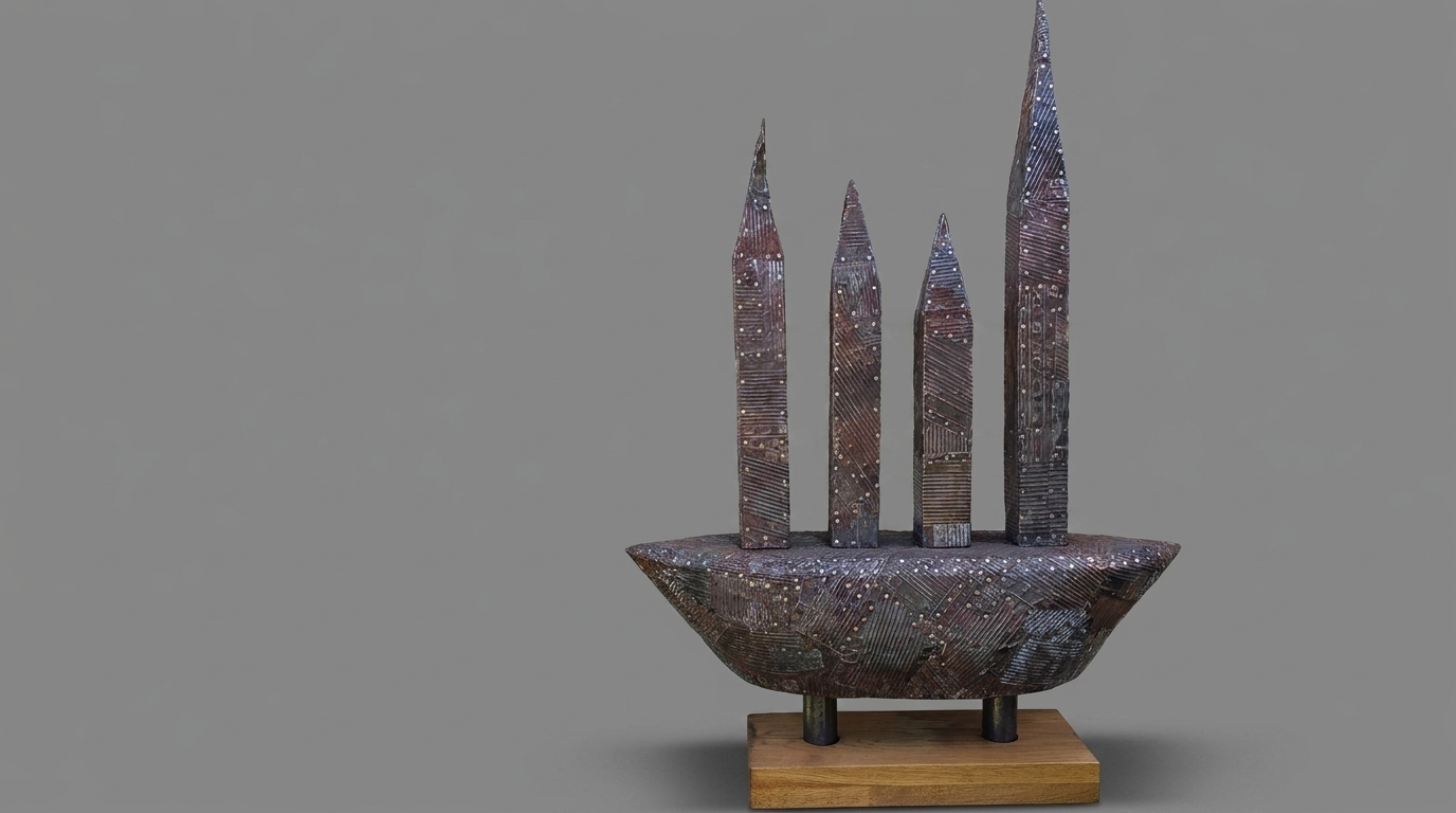 Rzeźby - materiały łączone: drewno, metal, kamień.